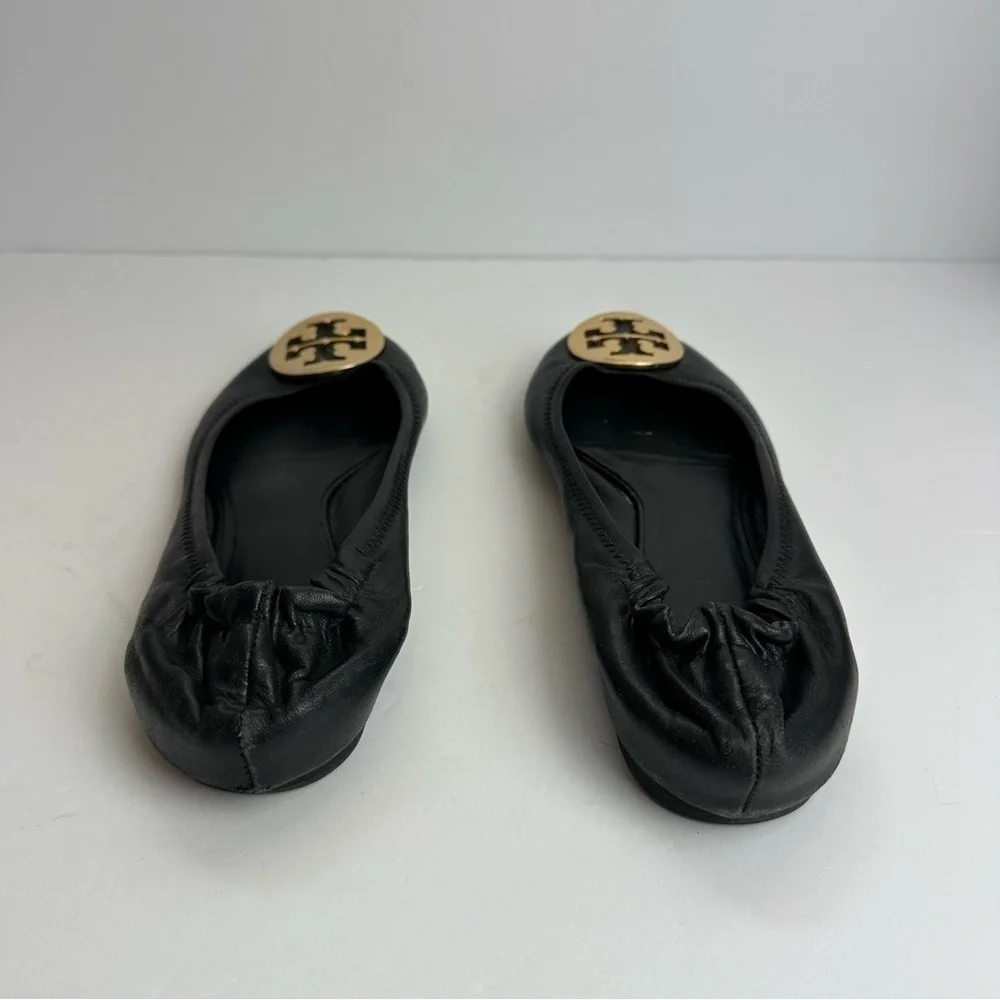 Tory Burch Ballet Flats Black Women's Size 7 Shoes Black Gold Medallion Leather